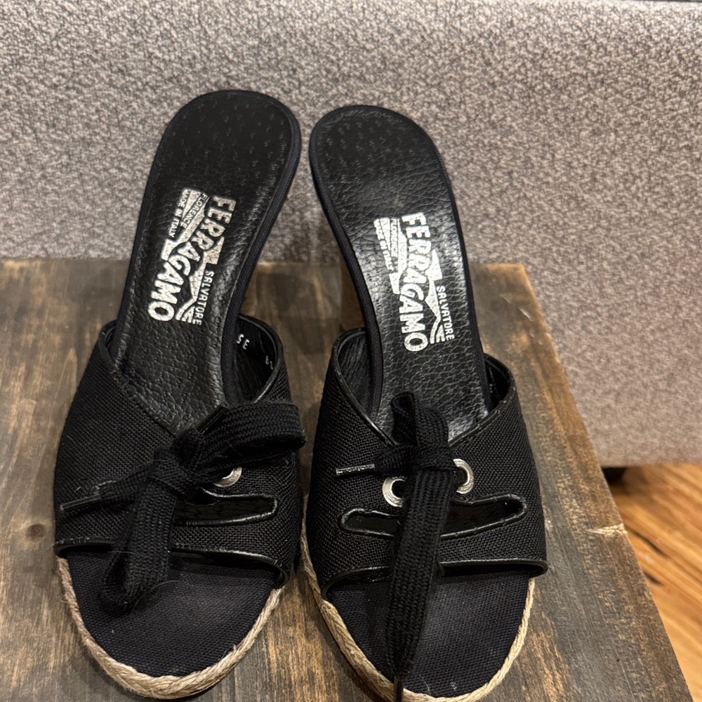 Salvatore Ferragamo Black Canvas Mules